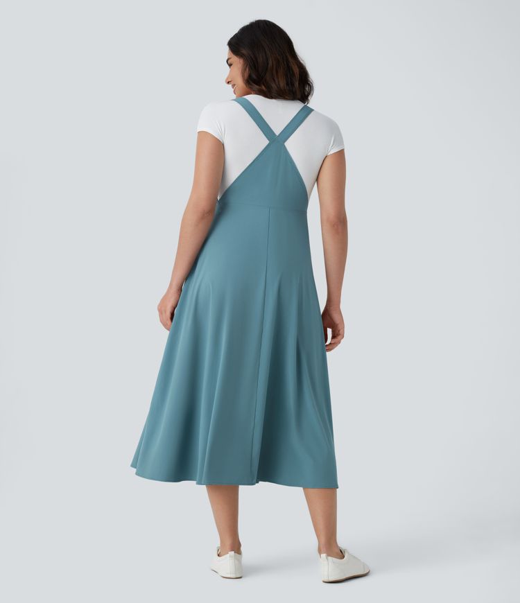 Classico™ - Abito midi casual e fluido con tasche multiple, spalline regolabili e bottoni