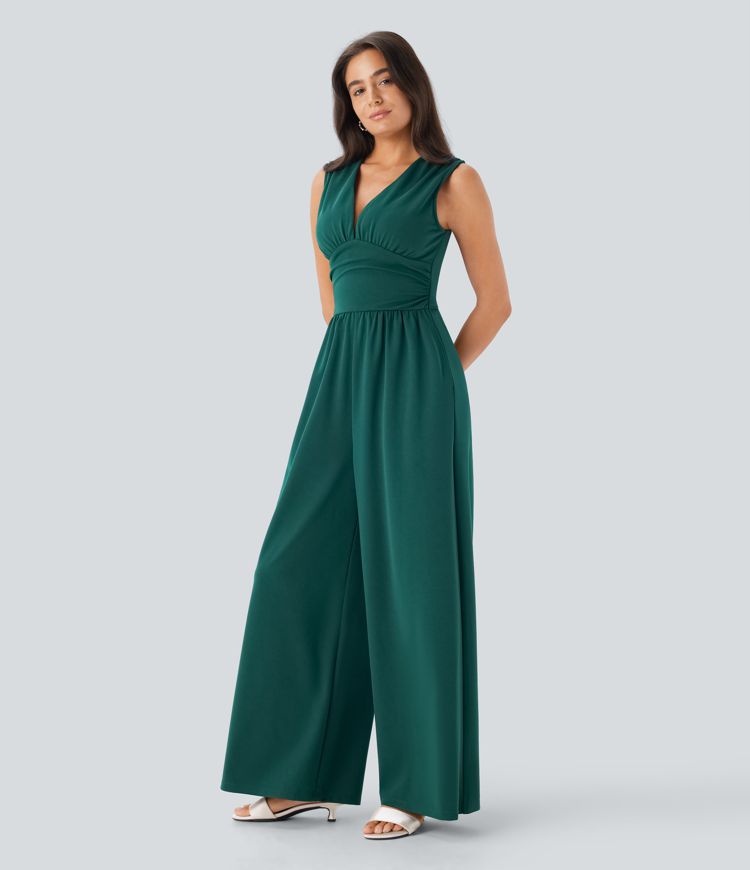 ColaSuit™ - Jumpsuit da festa senza maniche con scollo a V, tasche laterali e zip invisibile - Easy Peezy